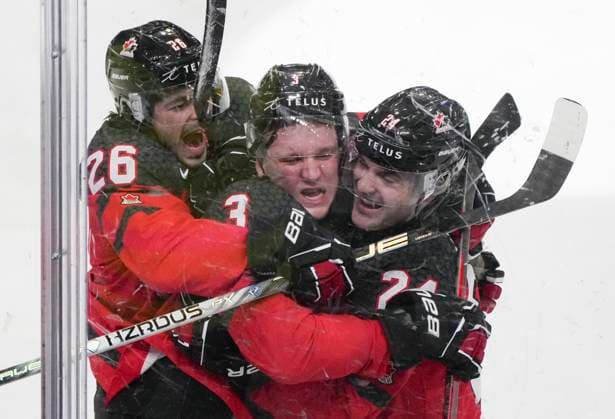January 2, 2024, GOTHENBURG, SWEDEN: Canada s Jake Furlong, centre, celebrates his goal over Czechia with teammates Matthew Savoie (26) and Denton Mateychuk (24) during second period quarterfinal hockey action at the IIHF World Junior Hockey Championship in Gothenburg, Sweden, Tuesday, Jan. 2, 2024. Canada News - January 2, 2024 - ZUMAc35_ 20240102_zaf_c35_013 Copyright: xChristinnexMuschix