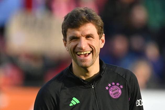 Thomas MUELLER MÜLLER,Bayern Muenchen , laughing,laughing,laughing,optimistic,good-humored, action,single picture,cropped single motif,portrait,portrait,portrait Football 1 Bundesliga season 2023 2024, 19 Matchday, Matchday19, FC Augsburg FC Bayern Muenchen 2 3 on 27 01 2024 ,WWK Arena Augsburg