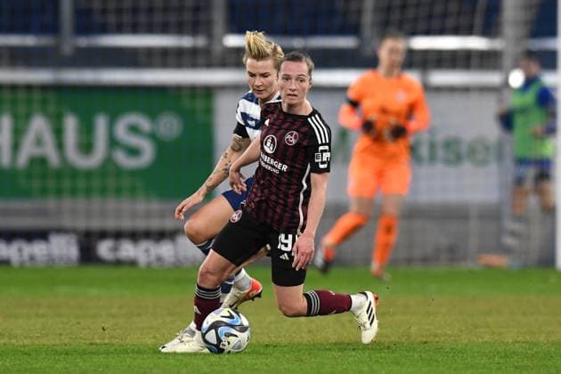 Vanessa Haim 1 FC Nuernberg Women in duel with Sarah Freutel MSV Duisburg Women GER, MSV Duisburg Women vs 1 FC Nuernberg Women, Soccer, Bundesliga,11 Matchday Season 2023 2024, 28 01 2024 DFL DFB REGULATIONS PROHIBIT ANY USE OF PHOTOGRAPHS AS IMAGE SEQUENCES AND OR QUASI VIDEO GER, MSV Duisburg Women vs 1 FC Nuernberg Women, Soccer, Bundesliga,11 Matchday Season 2023 2024, 28 01 2024 Duisburg Copyright: xEibner-Pressefoto ThomasxThienelx EP_TTL