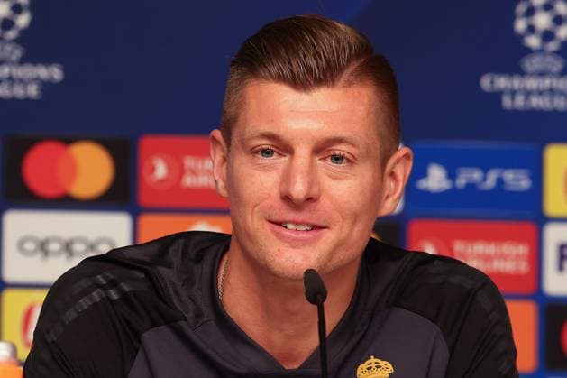 Press conference Real Madrid UEFA Champions League Leipzig, 12 02 2024, Red Bull Arena, Football, Men, Season 2023 2024, UEFA Champions League, Round of 16, Press conference Real Madrid , Pictured Toni Kroos 8, Real ,