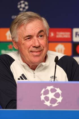 Press conference Real Madrid UEFA Champions League Leipzig, 12 02 2024, Red Bull Arena, Football, Men, Season 2023 2024, UEFA Champions League, Round of 16, Press conference Real Madrid , In the picture from l Coach Carlo Ancelotti, Real Madrid ,