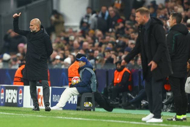 Manchester City manager Pep Guardiola gives instructions from the technical area FC Copenhagen v Manchester City, UEFA Champions League, Round of 16, First Leg, Football, Parken Stadium, Copenhagen, Denmark - 13 Feb 2024 EDITORIAL USE ONLY No use with unauthorised audio, video, data, fixture lists, club league logos or live services. Online in-match use limited to 120 images, no video emulation. No use in betting, games or single club league player publications. Copyright: xKieranxMcManus Shutterstockx 14343227ay
