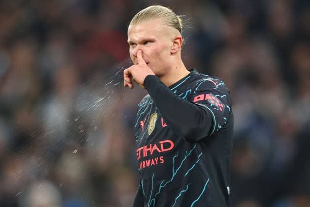 Erling Haaland of Manchester City blows their nose FC Copenhagen v Manchester City, UEFA Champions League, Round of 16, First Leg, Football, Parken Stadium, Copenhagen, Denmark - 13 Feb 2024 EDITORIAL USE ONLY No use with unauthorised audio, video, data, fixture lists, club league logos or live services. Online in-match use limited to 120 images, no video emulation. No use in betting, games or single club league player publications. Copyright: xKieranxMcManus Shutterstockx 14343227cg