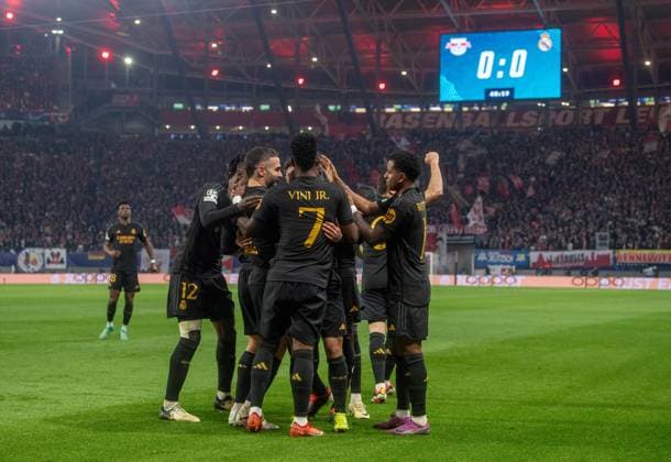 Football, men, 2023 2024 season, UEFA Champions League round of 16, first leg , RB Leipzig Real Madrid, f l Eduardo Camavinga, Brahim Diaz, Vinicius Junior, Rodrygo all Madrid , cheering after the 1-0 goal, 13 02 2024, Copyright: xSebastianxRäppold MatthiasxKochx