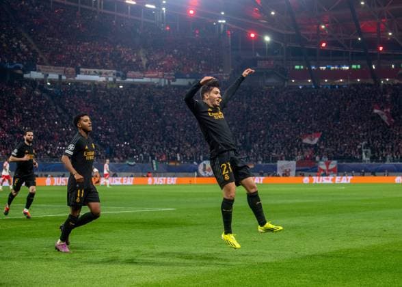 Football, men, 2023 2024 season, UEFA Champions League round of 16, first leg , RB Leipzig Real Madrid, v l Vinicius Junior, Brahim Diaz both Madrid , cheering after the 1-0 goal, 13 02 2024, Copyright: xSebastianxRäppold MatthiasxKochx