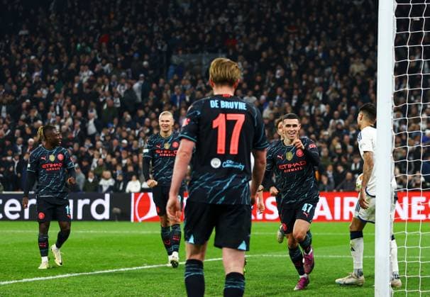 Phil Foden of Manchester City celebrates scoring for their side to make it 3-1 FC Copenhagen v Manchester City, UEFA Champions League, Round of 16, First Leg, Football, Parken Stadium, Copenhagen, Denmark - 13 Feb 2024 EDITORIAL USE ONLY No use with unauthorised audio, video, data, fixture lists, club league logos or live services. Online in-match use limited to 120 images, no video emulation. No use in betting, games or single club league player publications. Copyright: xKieranxMcManus Shutterstockx 14343227cw