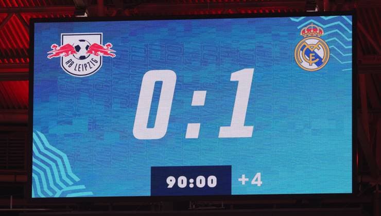 RB Leipzig Real Madrid Champions League Leipzig, 13 02 2024, Red Bull Arena, Football, UEFA Champions League, Round of 16 , RB Leipzig vs Real Madrid , In the picture The final score of the match on the scoreboard , Only editorial use , UEFA regulations prohibit any use of photographs as image sequences and or quasi video ,
