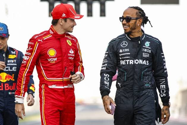 LECLERC Charles (mco), Scuderia Ferrari SF-24, portrait HAMILTON Lewis (gbr), Mercedes AMG F1 Team W15, portrait during the Formula 1 Gulf Air Bahrain Grand Prix 2024, 1st round of the 2024 FIA Formula One World Championship, WM, Weltmeisterschaft from February 29 to March 2, 2024 on the Bahrain International Circuit, in Sakhir, Bahrain - F1 - BAHRAIN GRAND PRIX 2024 DPPI Panoramic 240302_R01_BAHRAIN__BR35081