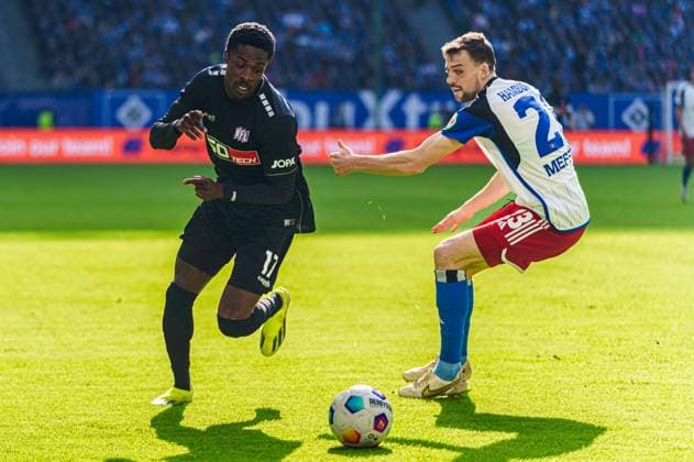 Christian Conteh VfL Osnabrueck, 17 , Jonas Meffert Hamburger SV, 23 GER, Hamburger SV vs VfL Osnabrueck, Football, 2 Bundesliga, Matchday 24, Season 2023 2024, 03 03 2024 DFL REGULATES PROHIBIT ANY USE OF PHOTOGRAPHS AS IMAGE SEQUENCES AND OR QUASI VIDEO GER, Hamburger SV vs VfL Osnabrueck, Football, 2 Bundesliga, Matchday 24, Season 2023 2024, 03 03 2024 Hamburg Copyright: xEibner-Pressefoto MarcelxvonxFehrnx EP_MFN