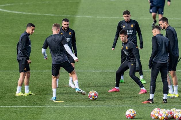 Jude Bellingham, Antonio Ruediger , Eduardo Camavinga, Vinicius Junior, Luka Modric, Ferland Mendy, Daniel Carvajal, Lucas Vazquez, Toni Kroos, Federico Valverde, Arda Gueler, Nacho Fernandes Final training Real Madrid before Real Madrid vs RB Leipzig, Football, UEFA Champions League, Round of 16, 05 03 2024 Final training Real Madrid before Real Madrid vs RB Leipzig, Football, UEFA Champions League, Round of 16, 05 03 2024 Madrid Copyright: xEibner-Pressefoto BahhoxKarax EP_BKA