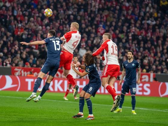 Alessio Romagnoli Lazio Rome, 13 , Matthijs de Ligt FC Bayern Muenchen, 04 , Matteo Guendouzi Lazio Rome, 08 , Eric Dier FC Bayern Muenchen, 15 , GER, FC Bayern Muenchen FCB vs Lazio Rome SSL , Football, UEFA Champions League, Round of 16 second leg, Season 2023 2024, 05 03 2024, DFB DFL regulations prohibit any use of photographs as image sequences and or quasi video , GER, FC Bayern Muenchen FCB vs Lazio Rome SSL , Fußball, UEFA Champions League, Achtelfinal Rueckspiel, Saison 2023 2024, 05 03 2024 Muenchen Copyright: xEibner-Pressefoto SaschaxWaltherx EP_EER