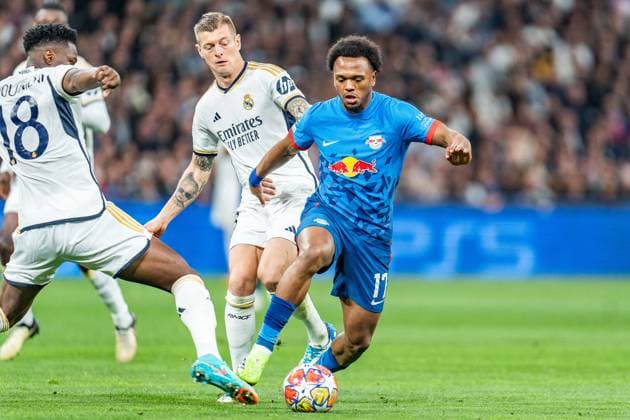 Lois Openda RB Leipzig, 17 Aurelien Tchouameni Real Madrid, 18 Toni Kroos Real Madrid, 8 Real Madrid vs RB Leipzig, Football, UEFA Champions League, Round of 16, 06 03 2024 Real Madrid vs RB Leipzig, Football, UEFA Champions League, Round of 16, 06 03 2024 Madrid Copyright: xEibner-Pressefoto BahhoxKarax EP_BKA