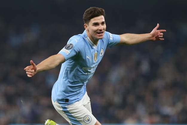 . - Manchester City v F.C. Copenhagen, UEFA Champions League, Round Of 16, 2nd Leg, Etihad Stadium, Manchester, UK. - 6th March 2024. GOAL 2-0, Julian Alvarez of Manchester City goal celebration. - Manchester City v F.C. Copenhagen, UEFA Champions League, Round Of 16, 2nd Leg, Etihad Stadium, Manchester, UK. - 6th March 2024. Manchester Etihad Stadium UK Copyright: xDanxWeirx CP_Manchester_City_FC_Copenhagen_02