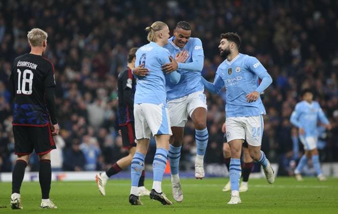 . - Manchester City v F.C. Copenhagen, UEFA Champions League, Round Of 16, 2nd Leg, Etihad Stadium, Manchester, UK. - 6th March 2024. GOAL 1-0, Manuel Akanji of Manchester City goal celebration Erling Haland of Manchester City. - Manchester City v F.C. Copenhagen, UEFA Champions League, Round Of 16, 2nd Leg, Etihad Stadium, Manchester, UK. - 6th March 2024. Manchester Etihad Stadium UK Copyright: xDanxWeirx CP_Manchester_City_FC_Copenhagen_73