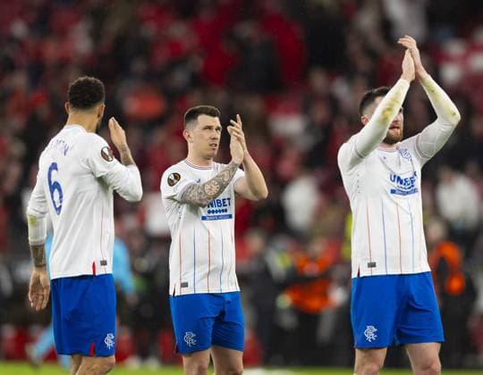Ryan Jack of Rangers applauds the fans after the Europa League Round of 16 Match at the Estadio da Luz, Lisbon. Benfica v Rangers, UEFA Europa League, Round of 16, First Leg, Football, Estadio da Luz, Lisbon, Portugal - 07 Mar 2024 EDITORIAL USE ONLY No use with unauthorised audio, video, data, fixture lists, club league logos or live services. Online in-match use limited to 120 images, no video emulation. No use in betting, games or single club league player publications. Copyright: xLukexNickerson RangersxFC Shutterstockx 14380036hn