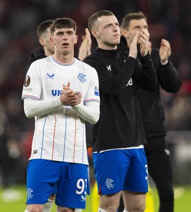 Cole McKinnon and Leon King of Rangers applaud the fans after the Europa League Round of 16 Match at the Estadio da Luz, Lisbon. Benfica v Rangers, UEFA Europa League, Round of 16, First Leg, Football, Estadio da Luz, Lisbon, Portugal - 07 Mar 2024 EDITORIAL USE ONLY No use with unauthorised audio, video, data, fixture lists, club league logos or live services. Online in-match use limited to 120 images, no video emulation. No use in betting, games or single club league player publications. Copyright: xLukexNickerson RangersxFC Shutterstockx 14380036hr