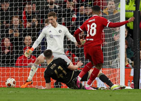 Cody Gakpo of Liverpool scores the 4th goal Liverpool v Sparta Prague, UEFA Europa League, Round of 16, Second Leg, Football, Anfield, Liverpool, UK - 14 Mar 2024 EDITORIAL USE ONLY No use with unauthorised audio, video, data, fixture lists, club league logos or live services. Online in-match use limited to 120 images, no video emulation. No use in betting, games or single club league player publications. Copyright: xPaulxCurrie Shutterstockx 14385501ag