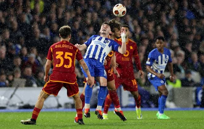 Billy Gilmour of Brighton & Hove Albion and Nicola Zalewski of Roma. Brighton & Hove Albion v Roma, UEFA Europa League, Round of 16, Second Leg, Football, American Express Community Stadium, Brighton, UK - 14 Mar 2024 EDITORIAL USE ONLY No use with unauthorised audio, video, data, fixture lists, club league logos or live services. Online in-match use limited to 120 images, no video emulation. No use in betting, games or single club league player publications. Copyright: xJamesxMarsh Shutterstockx 14385548ay