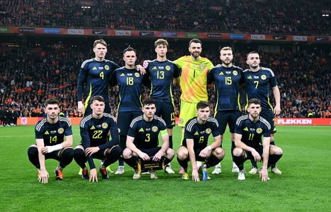 Football, International match, Friendly match for Euro 2024, Amsterdam Arena, Netherlands Scotland Team photo Scotland, hi v li Scott McTominay SCO , Lawrence Shankland SCO , Jack Hendry SCO , Angus Gunn SCO , Ryan Porteous SCO , John McGinn SCO , vo v li Billy Graham SCO , Nathan Patterson SCO , Andrew Robertson SCO , Kieran Tierney SCO , Ryan Christie SCO UEFA REGULATIONS PROHIBIT ANY USE OF PHOTOGRAPHS AS IMAGE SEQUENCES AND OR QUASI VIDEO