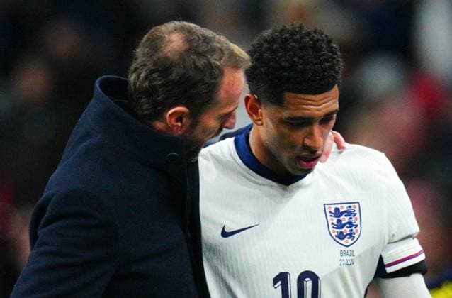 England Manager Gareth Southgate with Jude Bellingham after being substituted England v Brazil, International Friendly, Länderspiel, Nationalmannschaft Football, Wembley Stadium, London, UK - 23 Mar 2024 EDITORIAL USE ONLY No use with unauthorised audio, video, data, fixture lists, club league logos or live services. Online in-match use limited to 120 images, no video emulation. No use in betting, games or single club league player publications. Copyright: xJavierxGarcia Shutterstockx 14398296dp