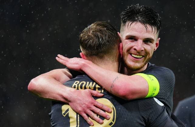 Declan Rice of England celebrates with Jarrod Bowen before Bowen s goal was disallowed by VAR England v Belgium, International Friendly, Länderspiel, Nationalmannschaft Football, Wembley Stadium, London, UK - 26 Mar 2024 EDITORIAL USE ONLY No use with unauthorised audio, video, data, fixture lists, club league logos or live services. Online in-match use limited to 120 images, no video emulation. No use in betting, games or single club league player publications. Copyright: xJavierxGarcia Shutterstockx 14400427iv