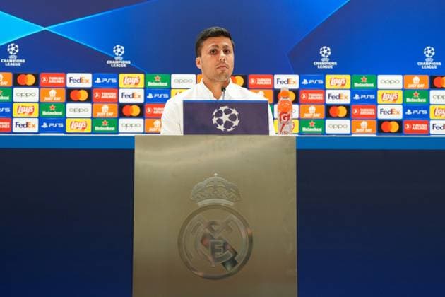 April 8, 2024, Madrid, Madrid, SPAIN: Rodri Hernandez of Manchester City attends his press conference, PK, Pressekonferenz before the UEFA Champions League, Quarter finals, football match against Real Madrid at Santiago Bernabeu stadium on April 8, 2024, in Madrid, Spain. Madrid SPAIN - ZUMAa181 20240408_zaa_a181_068 Copyright: xOscarxJ.xBarrosox