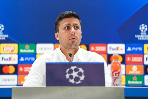 April 8, 2024, Madrid, Madrid, SPAIN: Rodri Hernandez of Manchester City attends his press conference, PK, Pressekonferenz before the UEFA Champions League, Quarter finals, football match against Real Madrid at Santiago Bernabeu stadium on April 8, 2024, in Madrid, Spain. Madrid SPAIN - ZUMAa181 20240408_zaa_a181_070 Copyright: xOscarxJ.xBarrosox