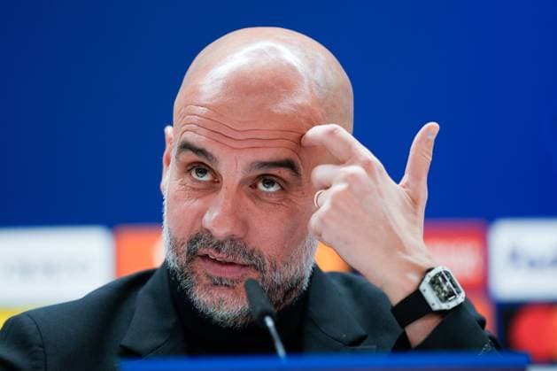 April 8, 2024, Madrid, Madrid, SPAIN: Pep Guardiola, head coach of Manchester City, attends his press conference, PK, Pressekonferenz before the UEFA Champions League, Quarter finals, football match against Real Madrid at Santiago Bernabeu stadium on April 8, 2024, in Madrid, Spain. Madrid SPAIN - ZUMAa181 20240408_zaa_a181_090 Copyright: xOscarxJ.xBarrosox