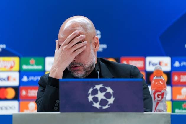 April 8, 2024, Madrid, Madrid, SPAIN: Pep Guardiola, head coach of Manchester City, attends his press conference, PK, Pressekonferenz before the UEFA Champions League, Quarter finals, football match against Real Madrid at Santiago Bernabeu stadium on April 8, 2024, in Madrid, Spain. Madrid SPAIN - ZUMAa181 20240408_zaa_a181_095 Copyright: xOscarxJ.xBarrosox