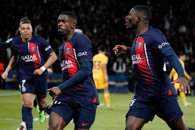 Ousmane Dembele of PSG wheels away to celebrate after scoring to make it 1-1 Paris Saint-Germain v Barcelona, UEFA Champions League, Quarter Final, First Leg, Football, Parc des Princes, Paris, France - 10 Apr 2024 EDITORIAL USE ONLY No use with unauthorised audio, video, data, fixture lists, club league logos or live services. Online in-match use limited to 120 images, no video emulation. No use in betting, games or single club league player publications. Copyright: xDavexWinter Shutterstockx 14424874gp