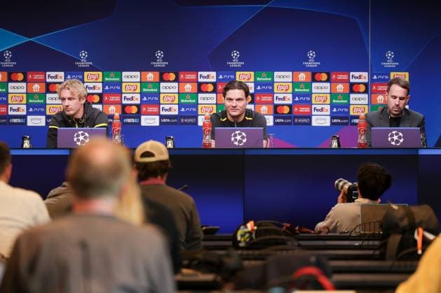 15 04 2024, Football, Season 2023 2024, UEFA Champions League, UCL, Press conference, Borussia Dortmund Atletico Madrid, Press conference with f l Julian Brandt Borussia Dortmund , Coach Edin Terzic Borussia Dortmund , Press spokesman Sven Westerschulze Borussia Dortmund , Dortmund Signal Iduna Park NRW Germany xRHR PHOTO DEx Copyright: DennisxEwert RHR-FOTOx RHR-FOTO DE