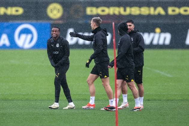 15 04 2024, Football, Season 2023 2024, UEFA Champions League, UCL, Final training, Borussia Dortmund Atletico Madrid, v l Youssoufa Moukoko Borussia Dortmund , Nico Schlotterbeck Borussia Dortmund , Salih Özcan Borussia Dortmund , Emre Can Borussia Dortmund , Dortmund Signal Iduna Park NRW Germany xRHR PHOTO DEx Copyright: DennisxEwert RHR-FOTOx RHR-FOTO DE