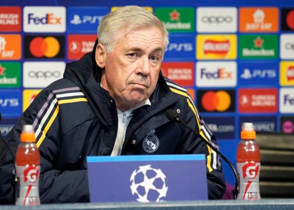 Manchester, England, 16th April 2024. Real Madrid manager Carlo Ancelotti talks at a press conference, PK, Pressekonferenz prior to the Champions League match tomorrow at the Etihad Stadium, Manchester. Picture: Andrew Yates Sportimage EDITORIAL USE ONLY. No use with unauthorised audio, video, data, fixture lists, club league logos or live services. Online in-match use limited to 120 images, no video emulation. No use in betting, games or single club league player publications. SPI-3083-0040