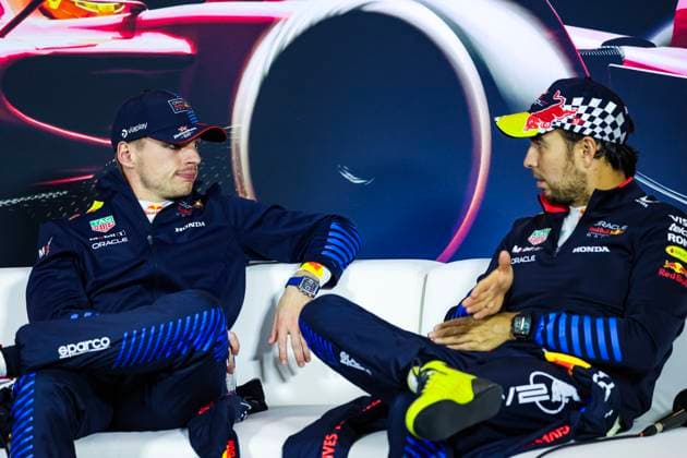 VERSTAPPEN Max (ned), Red Bull Racing RB20, portrait, PEREZ Sergio (mex), Red Bull Racing RB20, portrait press conference, PK, Pressekonferenz during the Formula 1 Lenovo Chinese Grand Prix 2024, 5th round of the 2024 Formula One World Championship, WM, Weltmeisterschaft from April 19 to 21, 2024 on the Shanghai International Circuit, in Shanghai, China - F1 - CHINESE GRAND PRIX 2024 DPPI Panoramic 13350