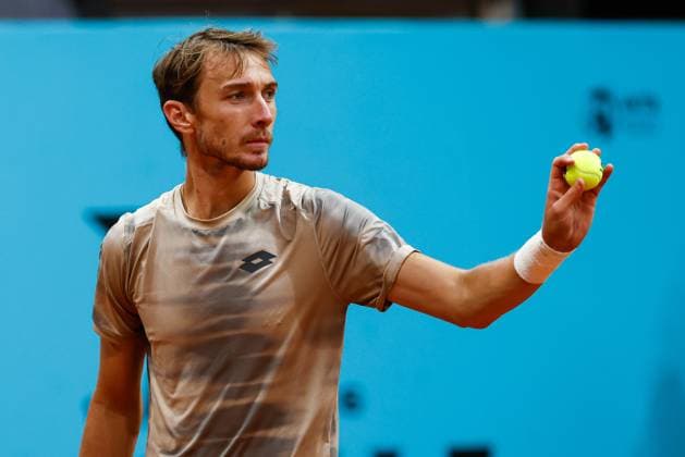 April 24, 2024, Madrid, Madrid, SPAIN: Lukas Klein of Slovakia gestures against Pablo Llamas Ruiz of Spain during the Mutua Madrid Open 2024, ATP, Tennis Herren Masters 1000 and WTA, Tennis Damen 1000, tournament celebrated at Caja Magica on April 24, 2024 in Madrid, Spain. Madrid SPAIN - ZUMAa181 20240424_zaa_a181_119 Copyright: xIrinaxR.xHipolitox
