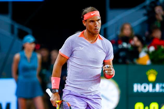 April 27, 2024, Madrid, Madrid, SPAIN: Rafael Nadal of Spain celebrates a point against Alex de Minaur of Australia during the Mutua Madrid Open 2024, ATP, Tennis Herren Masters 1000 and WTA, Tennis Damen 1000, tournament celebrated at Caja Magica on April 27, 2024 in Madrid, Spain. Madrid SPAIN - ZUMAa181 20240427_zaa_a181_025 Copyright: xIrinaxR.xHipolitox