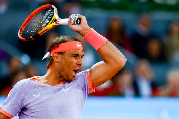 April 27, 2024, Madrid, Madrid, SPAIN: Rafael Nadal of Spain in action against Alex de Minaur of Australia during the Mutua Madrid Open 2024, ATP, Tennis Herren Masters 1000 and WTA, Tennis Damen 1000, tournament celebrated at Caja Magica on April 27, 2024 in Madrid, Spain. Madrid SPAIN - ZUMAa181 20240427_zaa_a181_026 Copyright: xIrinaxR.xHipolitox