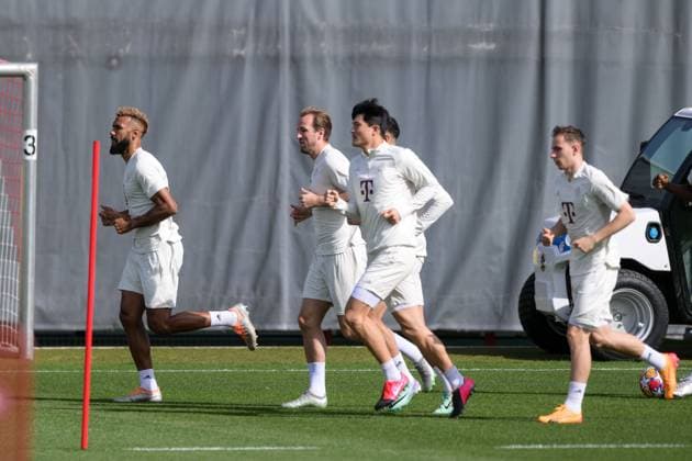 Soccer, Champions League, 20240429, Final training, FC Bayern Munich Real Madrid In the picture Eric Maxim CHOUPO MOTING FC Bayern Munich, 13 , Harry KANE FC Bayern Munich, 9 , Min jae KIM FC Bayern Munich, 3 , Noussair MAZRAOUI FC Bayern Munich, 40 and Lovro ZVONAREK FC Bayern Munich, 34 Munich Training ground Säbener Str 51 Bayern Germany Copyright: Passion2Press MarkusxFischerx