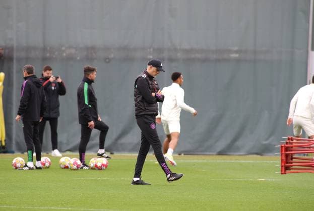 Munich, Germany 07 May 2024 Football, men, 2023 2024 season, FC Bayern Munich, Säbener Strasse, training ground, final training session, Champions League Thomas Tuchel, coach FC Bayern Munich walks across the training ground, in thought, pondering, pondering, pondering