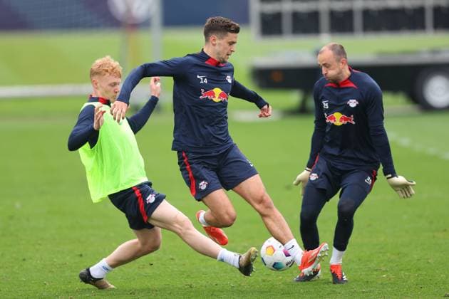 RB Leipzig Training 1 Bundesliga Leipzig, 07 05 2024, Training center at Cottaweg, Season 2023 2024, Football, Men, 1 Bundesliga , RB Leipzig Training , In the picture from l Nicolas Seiwald, Christoph Baumgartner and goalkeeper Leopold Zingerle ,