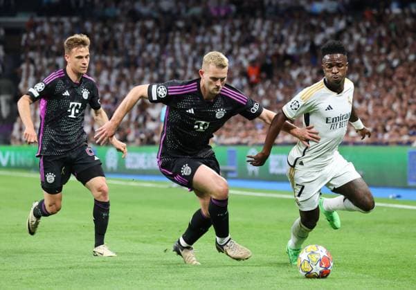 Vinicius Junior Real Madrid 7 , Matthijs de Ligt Bayern Muenchen 4 , Real Madrid vs FC Bayern Muenchen, Champions League, semi-final, second leg, season 2023 24, 8 5 2024, Real Madrid vs FC Bayern Muenchen, Champions League semi-final, second leg, season 2023 24, 8 5 2024, Madrid Copyright: xEibner-Pressefoto joergxNiebergax EP_JNL