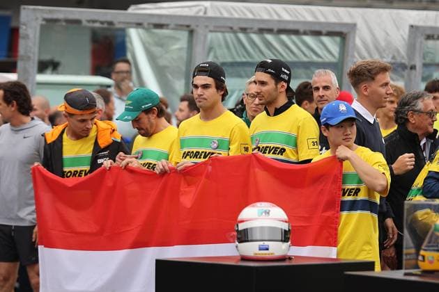 Formula 1 Grand Prix Emilia Romagna 2024 16 05 2024, Autodromo Enzo e Dino Ferrari, Imola, Formula 1 Grand Prix Emilia Romagna 2024 ,in the picture Sebastian Vettel races around the track with all Formula 1, Formula 2 and Formula 3 drivers, in memory of the fatal accidents of Ayrton Senna and Roland Ratzenberger Lando Norris GBR , McLaren F1 Team, Fernando Alonso ESP , Aston Martin Aramco Cognizant Formula One Team, Lance Stroll CAN , Aston Martin Aramco Cognizant Formula One Team, Esteban Ocon FRA , Alpine F1 Team, Yuki Tsunoda JPN , Visa Cash App RB Formula One Team nordphotoxGmbHx xBratic nph00250