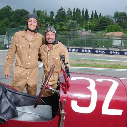 RUSSELL George (gbr), driving the 100-year-old Mercedes race car, GLOCK Timo, former F1 driver, portrait the Formula 1 MSC Cruises Gran Premio del Made in Italy e Dell™Emilia-Romagne 2024, 7th round of the 2024 Formula One World Championship, WM, Weltmeisterschaft from May 17 to 19, 2024 on the Autodromo Enzo e Dino Ferrari, in Imola, Italy - F1 - EMILIA-ROMAGNA GRAND PRIX 2024 DPPI Panoramic 240516_R07_EMR_DP_1Q0A7528