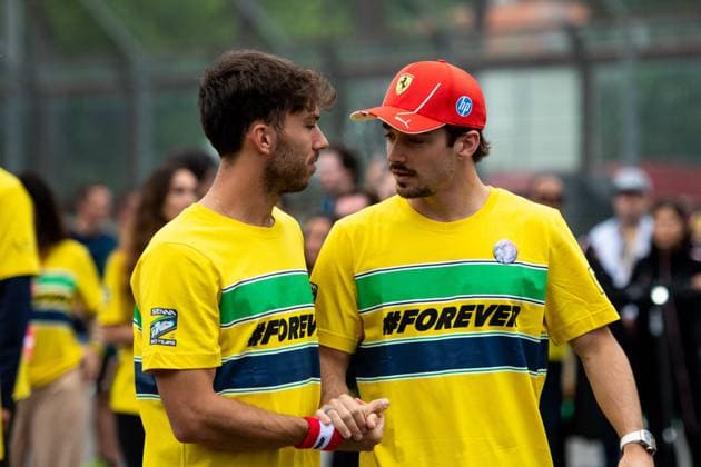 Pierre Gasly BWT Alpine F1 Team, 10 , Charles Leclerc Scuderia Ferrari HP, 16 at the Forever Senna memorial race for Ayrton Senna, who was killed in an accident in 1994 Brazil , ITA, Formula 1 World Championship, Grand Prix Emilia Romagna Imola, Autodromo Enzo e Dino Ferrari, Media Day, 16 05 2024 ITA, Formula 1 World Championship, Grand Prix Emilia Romagna Imola, Autodromo Enzo e Dino Ferrari, Media Day, 16 05 2024 Imola Copyright: xEibner-Pressefoto Memmlerx EP_MMR