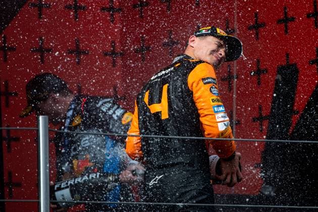 Lando Norris McLaren Formula 1 Team, 04 , Max Verstappen Oracle Red Bull Racing, 01 splashing champagne on the podium at the podium ceremony, ITA, Formula 1 World Championship, Grand Prix Emilia Romagna Imola, Autodromo Enzo e Dino Ferrari, Race, 19 05 2024 ITA, Formula 1 World Championship, Grand Prix Emilia Romagna Imola, Autodromo Enzo e Dino Ferrari, Race, 19 05 2024 Imola Copyright: xEibner-Pressefoto Memmlerx EP_MMR
