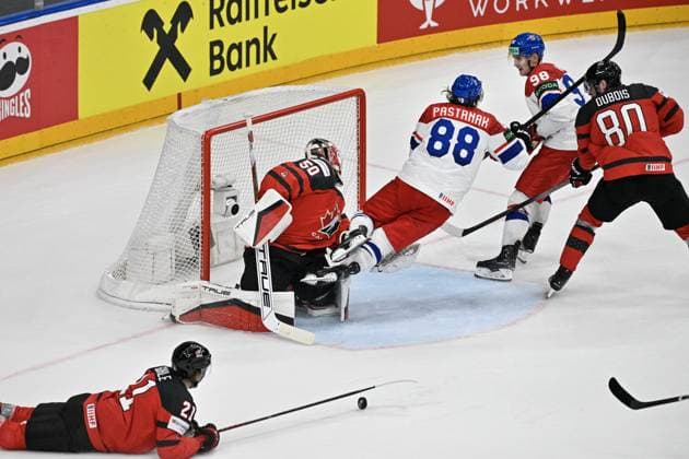Czech Republic vs Canada group A, match of 2024 IIHF World Championship, WM, Weltmeisterschaft in Prague, Czech Republic, on May 21, 2024. From left Kaiden Guhle of Canada, Jordan Binnington of Canada, Czech David Pastrnak, Czech Martin Necas, Pierre-Luc Duboi of Canada. (CTKxPhoto VitxSimanek) CTKPhotoP2024052107602 CTKPhotoP2024052107602