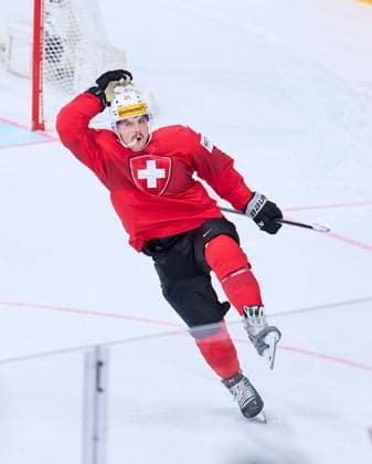 Kevin Fiala, SUI 21 scores, shoots goal , Tor, Treffer, Torschuss, against Jordan Binnington CAN 50 and celebrates in the penalty shootout of the semi final match CANADA - SWITZERLAND of the IIHF Ice hockey, Eishockey World Championship, WM, Weltmeisterschaft in Prague, Czechia, May 25, 2024, Season 2023 2024