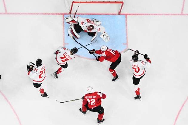 L-R Andres Ambuhl (SUI), Nino Niederreiter (SUI), Dylan Cozens (CAN), Damon Severson (CAN), Kaiden Guhle (CAN) and goalkeeper Jordan Binnington (CAN) in action during the 2024 IIHF World Championship, WM, Weltmeisterschaft semi-final match Canada vs Switzerland, in Prague, Czech Republic, on May 25, 2024. (CTKxPhoto MichalxKamaryt) CTKPhotoP2024052507663 CTKPhotoP2024052507663