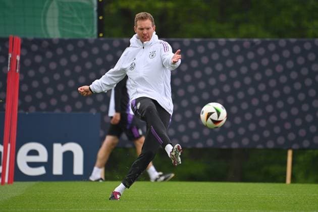 National coach Julian NAGELSMANN GER shot, shoots, action, single action, single image, cropped image, full body shot, whole figure training at the Golf Resort Weimarer Land, training ground German national football team, football training camp in Blankenhain Thuringia on 27 05 2024,