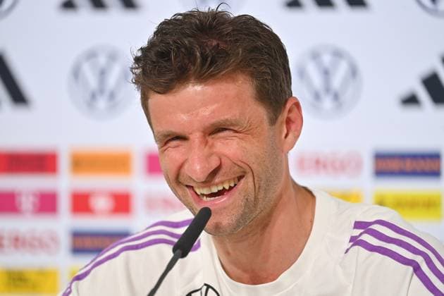 Thomas MUELLER, laughing,laughing,laughing,optimistic,good-humored, action,single picture,cropped single motif,portrait,portrait,portrait PRESS CONFERENCE German national football team,football training camp in Blankenhain Thuringia on 27 05 2024, Â